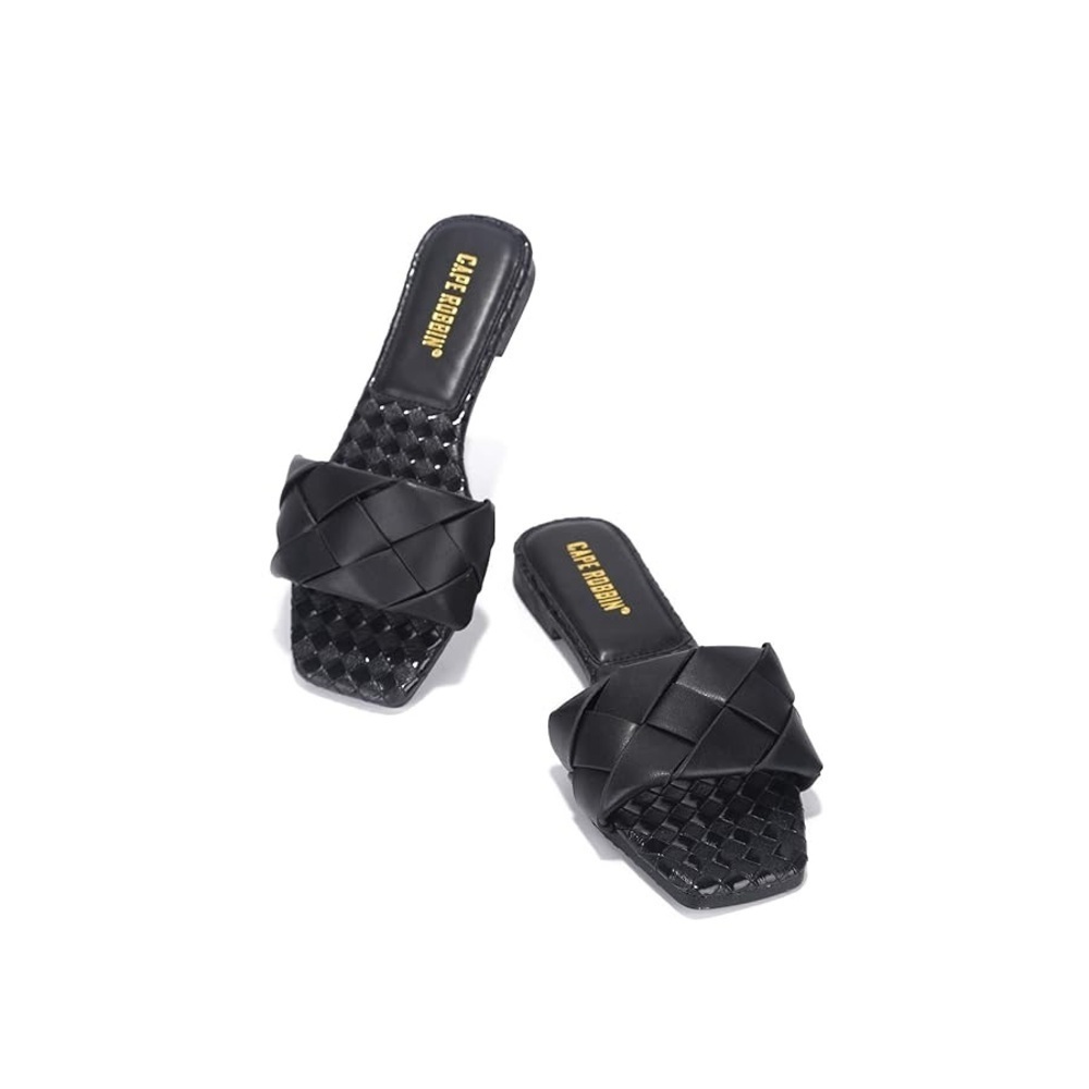 Cape Robbin - Black Woven Square Toe Slip On Comfort Slide Flat Sandals Size 8.5